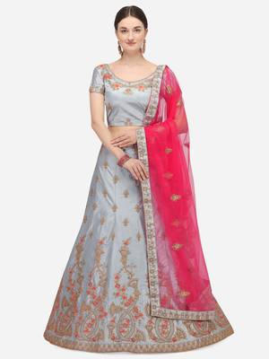 Grey embroidered silk semi stitched lehenga 1