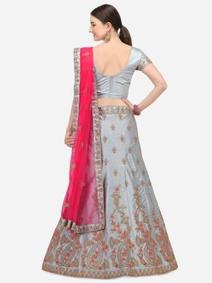 Grey embroidered silk semi stitched lehenga 2