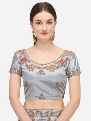 Grey embroidered silk semi stitched lehenga 3
