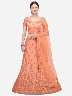 Peach embroidered silk semi stitched lehenga 1