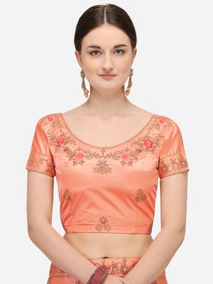 Peach embroidered silk semi stitched lehenga 3