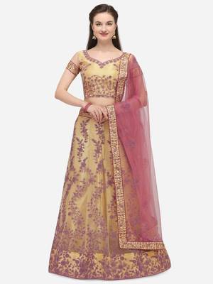Beige embroidered net semi stitched lehenga 1