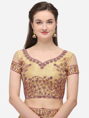 Beige embroidered net semi stitched lehenga 3