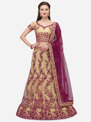 Beige embroidered net semi stitched lehenga 1