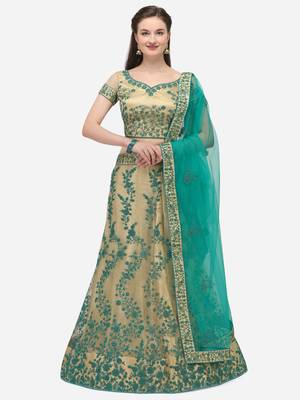 Beige embroidered net semi stitched lehenga 1