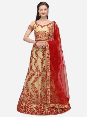 Beige embroidered net semi stitched lehenga 1