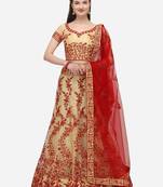 Beige embroidered net semi stitched lehenga