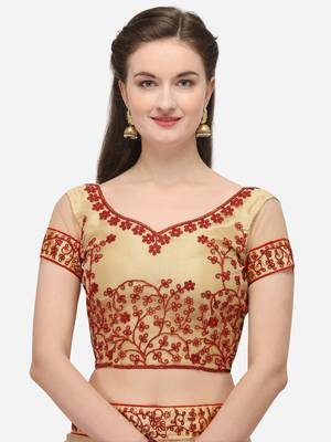 Beige embroidered net semi stitched lehenga 3