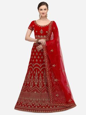 Red embroidered velvet semi stitched lehenga 1