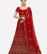 Red embroidered velvet semi stitched lehenga