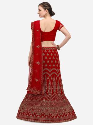 Red embroidered velvet semi stitched lehenga 2