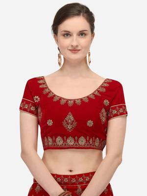 Red embroidered velvet semi stitched lehenga 3