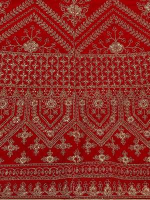Red embroidered velvet semi stitched lehenga 4