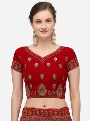 Red embroidered velvet semi stitched lehenga 3