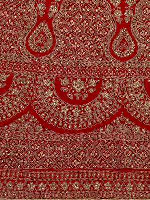 Red embroidered velvet semi stitched lehenga 4