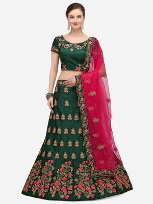 Green embroidered silk semi stitched lehenga 1