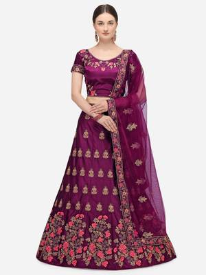 Purple embroidered silk semi stitched lehenga 1