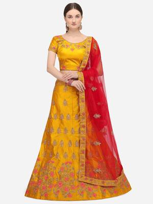 Yellow embroidered silk semi stitched lehenga 1