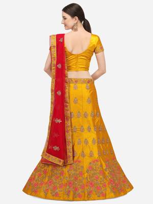 Yellow embroidered silk semi stitched lehenga 2