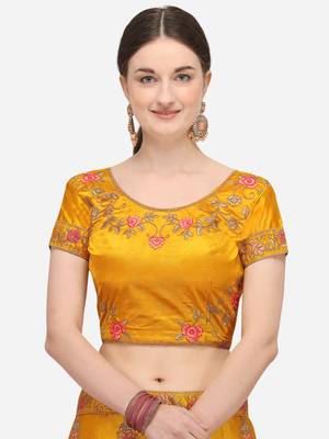 Yellow embroidered silk semi stitched lehenga 3
