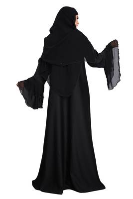 Womens nida black color flower 3D worked and black pearl work bell sleeve with dupatta (scarf) 2