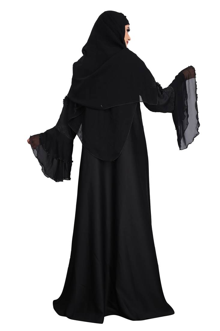 Womens nida black color flower 3D worked and black pearl work bell sleeve with dupatta (scarf)