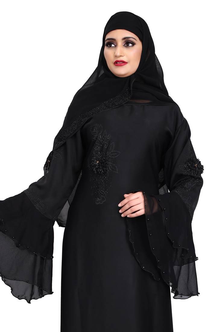 Womens nida black color flower 3D worked and black pearl work bell sleeve with dupatta (scarf)