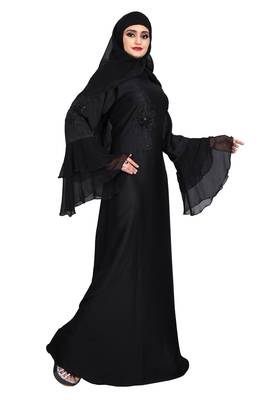 Womens nida black color flower 3D worked and black pearl work bell sleeve with dupatta (scarf) 4