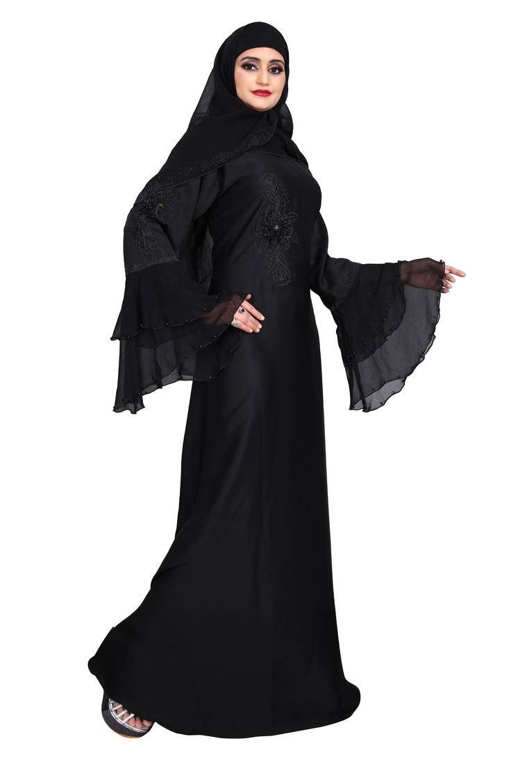 Womens nida black color flower 3D worked and black pearl work bell sleeve with dupatta (scarf)