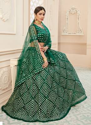 Green embroidered art silk semi stitched lehenga 2