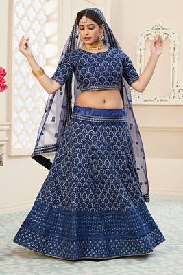Blue embroidered art silk semi stitched lehenga 2