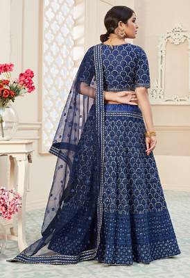 Blue embroidered art silk semi stitched lehenga 4