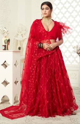 Red embroidered art silk semi stitched lehenga 1