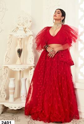Red embroidered art silk semi stitched lehenga 2