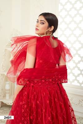 Red embroidered art silk semi stitched lehenga 4