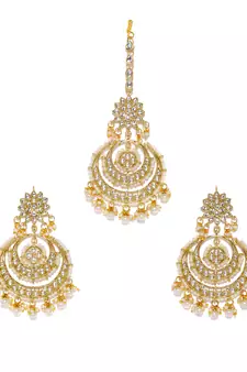 Designer Kundan Stone Bridal Dangler Pearl Stone Earrings Studs With Matching Maang Tikka