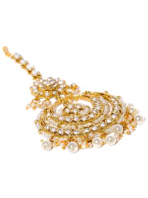 Designer Kundan Stone Bridal Dangler Pearl Stone Earrings Studs With Matching Maang Tikka 3