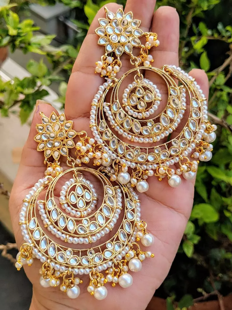 Designer kundan stone bridal dangler pearl stone earrings studs