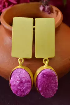 Pink agate Druzzy stone danglers-drops studs earrings