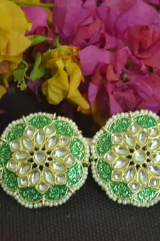 Green Meenakari Work With pearl Stone Border studs