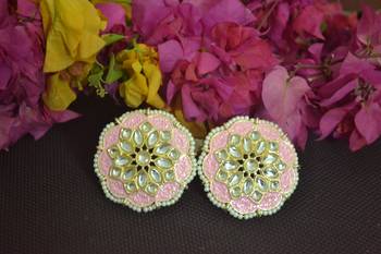 Pink Meenakari Work With pearl Stone Border studs 1