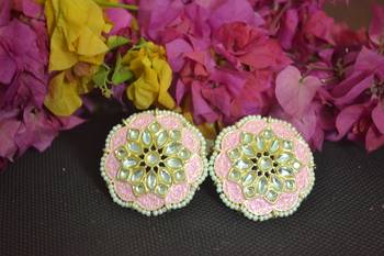 Pink Meenakari Work With pearl Stone Border studs 2