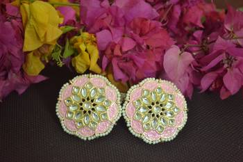 Pink Meenakari Work With pearl Stone Border studs 3