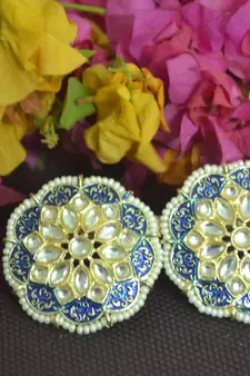 Blue Meenakari Work With pearl Stone Border studs