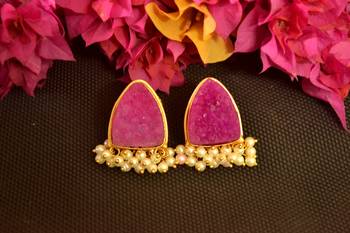 Pink druzzy stone danglers-drops studs earrings 1
