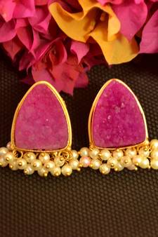 Pink druzzy stone danglers-drops studs earrings