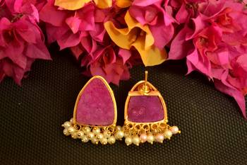 Pink druzzy stone danglers-drops studs earrings 2