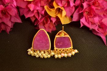 Pink druzzy stone danglers-drops studs earrings 3