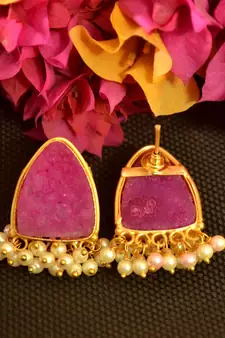 Pink druzzy stone danglers-drops studs earrings