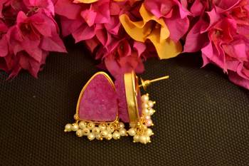 Pink druzzy stone danglers-drops studs earrings 4